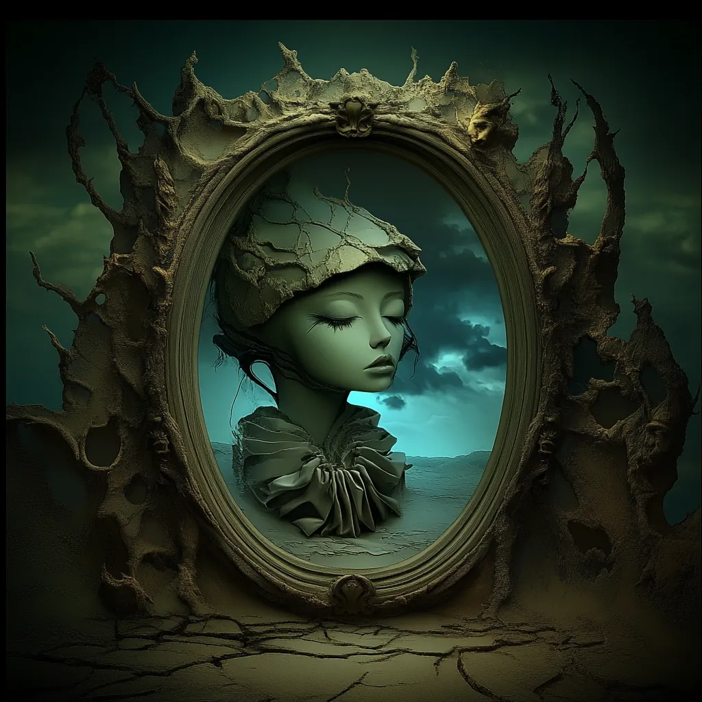 The image presents a surreal, dark fantasy scene. A serene, pale-skinned woman with long lashes, wearing a weathered, cracked helmet and a ruffled collar, is depicted within an oval frame.  The frame itself is an ornate, decaying structure, resembling aged stone or bone, set against a backdrop of a cracked, desolate landscape and a stormy, teal sky.  The overall mood is melancholic and evokes a sense of mystery and decay.