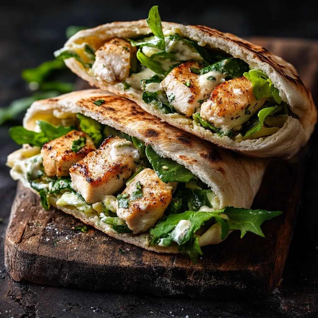 Here's a description of the image:

Two halves of a pita bread pocket are stacked, generously filled with grilled chicken pieces, a creamy sauce, and fresh green salad. The chicken is visibly seasoned and cooked to a golden-brown. The salad includes vibrant green leaves, possibly spinach or arugula.  The pita bread appears warm and slightly toasted.  The entire sandwich rests on a dark wooden cutting board against a dark, rustic background, enhancing its appetizing presentation. The image focuses on the textures and colors of the ingredients, making the sandwich look delicious and inviting.