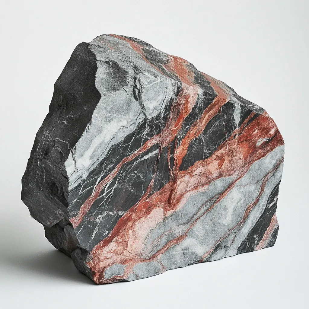 Here's a description of the image:

The photograph shows a rough, irregularly shaped piece of marble or stone.  Its color is predominantly dark gray and black, interwoven with striking veins of reddish-brown and lighter gray. The veining is dynamic and swirling, creating a visually interesting pattern. The stone's texture appears coarse and somewhat uneven, with visible variations in the surface. It's presented against a plain white background, highlighting the stone's unique coloration and form. The overall impression is one of natural beauty and ruggedness.