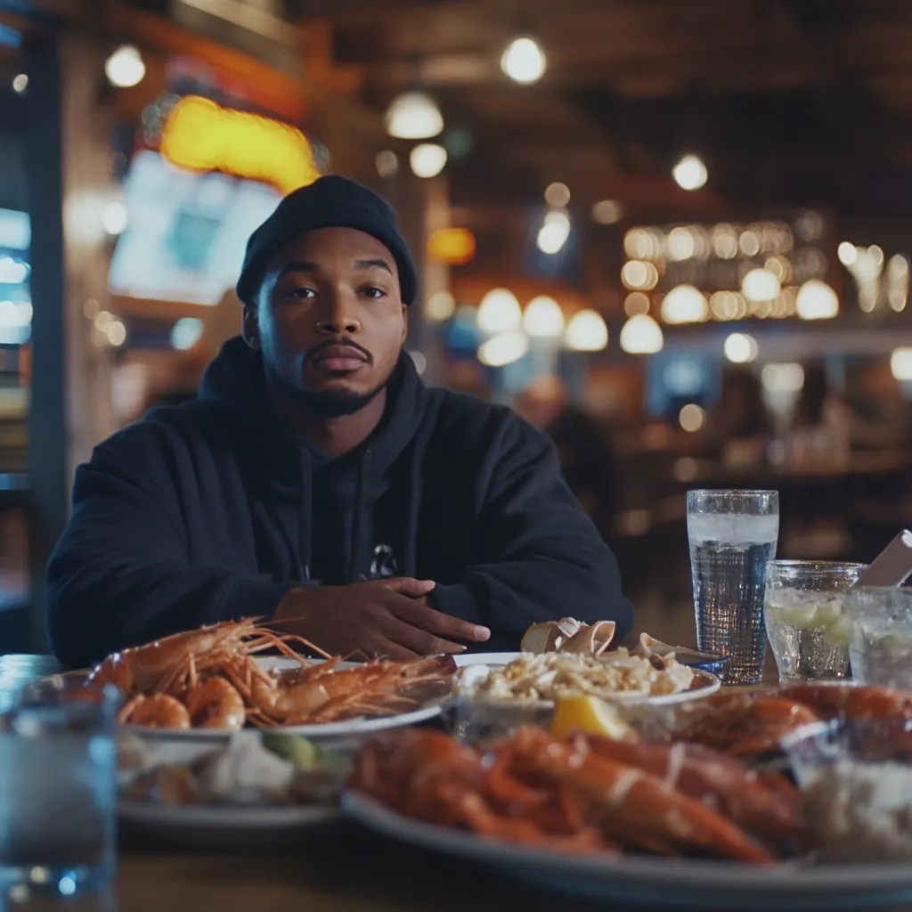 Here's a description of the image:

A young Black man, wearing a black hoodie and beanie, sits at a table laden with seafood.  The setting appears to be a bustling, dimly lit restaurant or market.  Plates overflowing with shrimp and lobster dominate the foreground, alongside a dish of what looks like pasta.  Drinks, including water and a mixed drink, are also visible on the table. The man's expression is serious and contemplative, his arms folded across his chest.  The background is blurred, emphasizing the abundance of food and the man's central position in the frame.