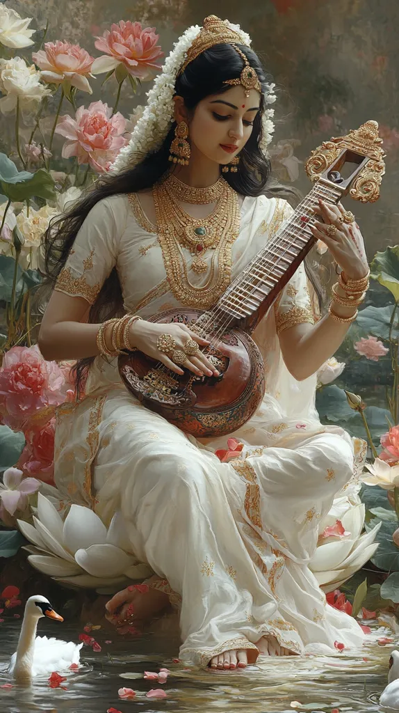 A breathtakingly beautiful woman, adorned in opulent gold jewelry and a flowing white gown, sits serenely amidst lush pink roses and lotus flowers.  She delicately plays a sitar, a traditional Indian stringed instrument. Two graceful white swans swim in the water at her feet, completing the idyllic scene of peace and artistry. The painting's rich colors and detailed textures evoke a sense of regal elegance and tranquility.