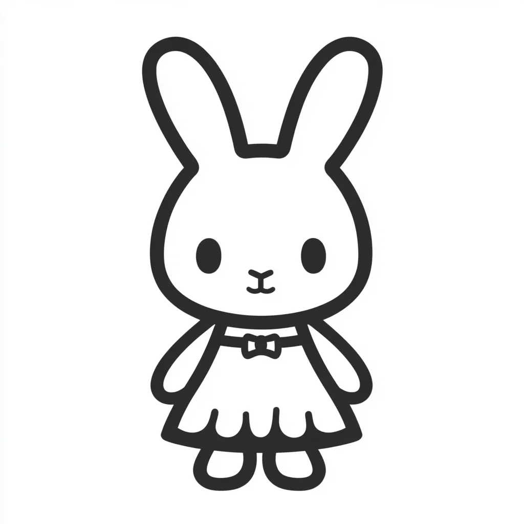 The image shows a simple line drawing of a cute cartoon bunny rabbit.  The rabbit is depicted wearing a short, flared dress and a small bow tie.  Its features are large, round eyes, and a small nose and mouth.  The style is minimalistic and childlike, using bold black outlines against a white background. The overall impression is one of sweetness and innocence.
