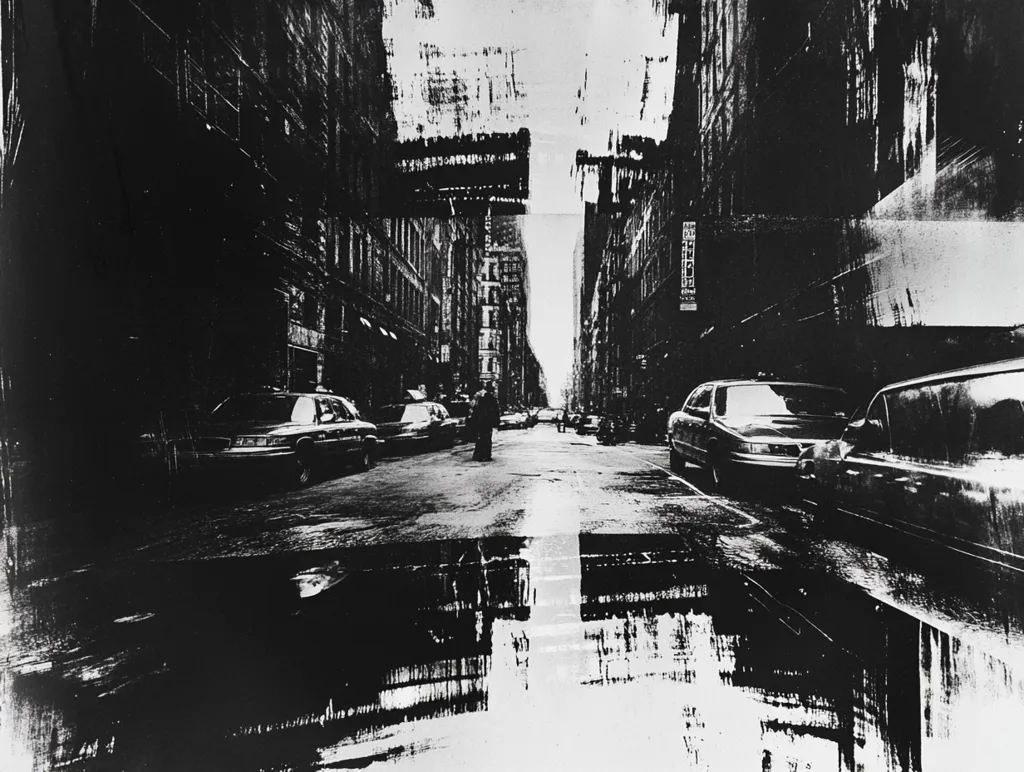 Here's a description of the image:

The monochrome photograph depicts a city street scene, possibly in New York City, rendered in stark black and white. The image is heavily stylized, with a prominent use of gestural brushstrokes or a similar artistic technique overlaid on the photograph, creating a fragmented and expressive effect.  Cars are parked along the sides of tall buildings, and a lone figure is visible in the mid-ground. The perspective is from the middle of a narrow street, leading the eye towards a bright, distant point. The overall impression is one of urban isolation and gritty atmosphere, enhanced by the dramatic use of light and shadow. The style suggests a blend of photography and abstract painting.