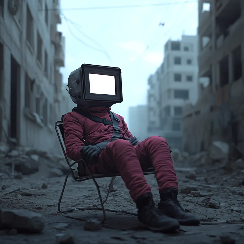 A figure in a crimson jumpsuit sits on a simple metal chair amidst a desolate, rubble-strewn urban landscape.  Its head is replaced by an old-style television screen displaying a blank white image. The scene evokes a post-apocalyptic or dystopian atmosphere, suggesting themes of isolation, technological dependence, and the loss of individuality in a destroyed city. The overall mood is somber and contemplative.