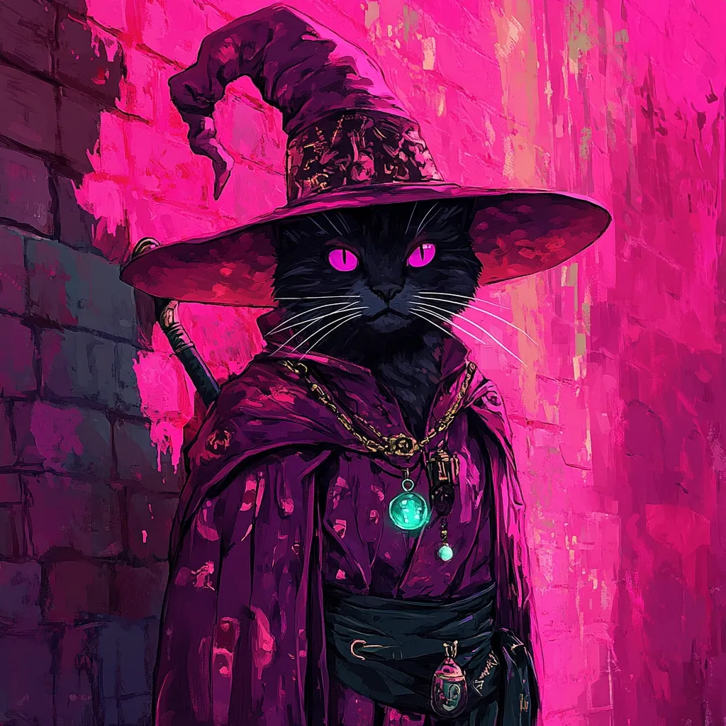 A stylized digital painting depicts a black cat wizard.  The cat, with glowing pink eyes, wears a large, wide-brimmed purple hat and a flowing purple robe adorned with gold chains and a teal pendant.  A katana is sheathed at its hip. The background is a vibrant pink brick wall, rendered with thick, expressive brushstrokes, contributing to the image's bold, fantasy aesthetic.  The overall mood is mysterious and magical.