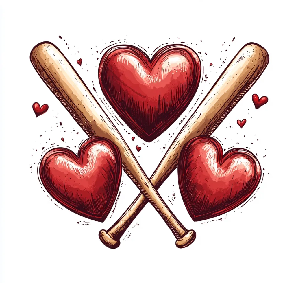 Here's a description of the image:

The image is a hand-drawn illustration featuring three large, red hearts nestled between two crossed baseball bats. The hearts are rendered in a style that mimics a sketch, with shading and texture providing a three-dimensional look.  Smaller hearts are scattered around the main composition, adding a playful touch. The baseball bats are detailed, showing the wood grain, and are positioned in an "X" shape, creating a visually striking central point. The overall style is bold and slightly edgy, combining romantic elements with a sporty theme.