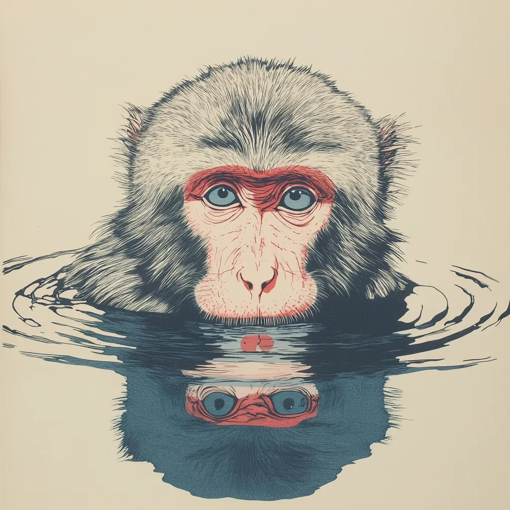 Here's a description of the image:

The artwork features a stylized illustration of a Japanese macaque's face partially submerged in calm water.  The monkey's fur is rendered in shades of grey and blue, contrasting with its pinkish-red face and striking blue eyes.  The water's surface reflects the monkey's image, creating a near-perfect mirror effect. The style is reminiscent of a print or screen print, with bold lines and flat color blocks. The background is a muted beige, drawing attention to the central figure and its reflection.  The overall effect is serene yet visually arresting.