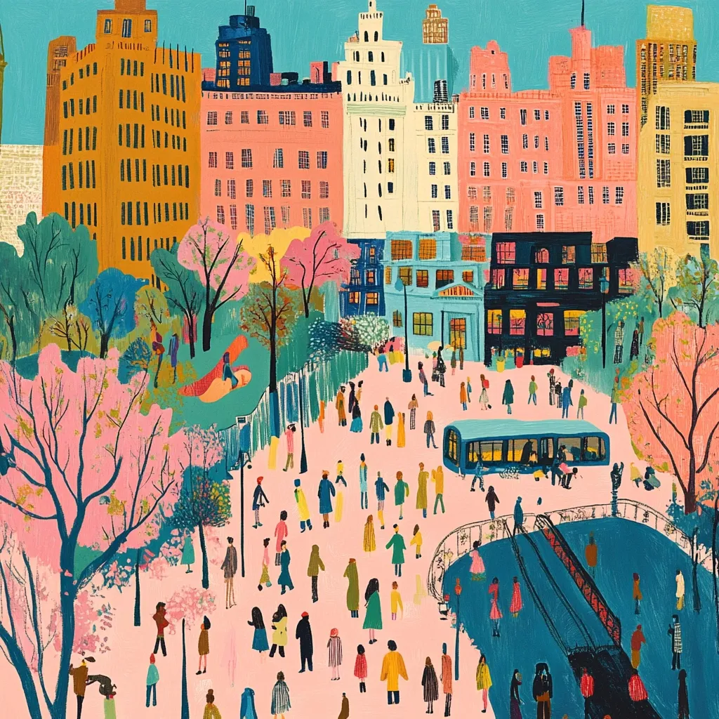 A vibrant illustration depicts a city park scene, bustling with people.  Brightly colored buildings, in shades of orange, pink, and teal, line the park's edge.  Cherry blossom trees in full bloom frame the scene, their pink blossoms contrasting with the pastel pink ground. A city bus is parked near a canal, adding to the urban landscape.  The overall style is whimsical and cheerful, with simplified figures and bold color choices creating a lively atmosphere.