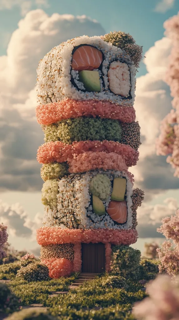 Here's a description of the image:

The image is a whimsical digital rendering of a house constructed entirely of sushi rolls.  The multi-story structure is stacked with various types of sushi, showcasing different fillings like salmon, avocado, and crab.  Each layer is distinct in color and texture, creating a vibrant, almost fantastical appearance. The house sits on a small grassy area, surrounded by blossoming trees, under a partly cloudy sky, giving it a serene, almost dreamlike setting. The overall style is playful and surreal, contrasting the commonplace ingredients of sushi with an extraordinary architectural design.