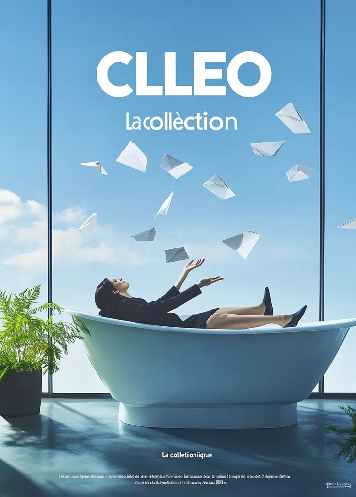 Here's a description of the image:

A promotional poster for "CLLEO La collection" features a stylish woman in a business suit relaxing in a pale blue bathtub.  She reclines, arms outstretched, as numerous paper airplanes drift around her, creating a serene, almost dreamlike atmosphere. The scene is set against a modern, large windowed backdrop overlooking a bright blue sky.  The "CLLEO" logo is prominently displayed, along with the tagline "La collection" (French for "The Collection"). The overall aesthetic is sophisticated and intriguing.