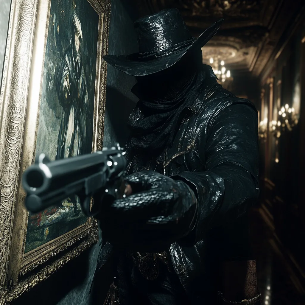 Here is a description of the image:

A close-up shot reveals a figure clad in a dark, wet-looking leather coat and wide-brimmed hat, obscuring their face.  They are holding a revolver, pointed towards the viewer. The setting is a dimly lit hallway of an ornate building, with a classical painting visible on the wall behind them. The overall mood is dark, mysterious, and suspenseful, suggestive of a character from a gothic horror or action game.  The contrast between the dark figure and the partially visible painting accentuates the ominous atmosphere.