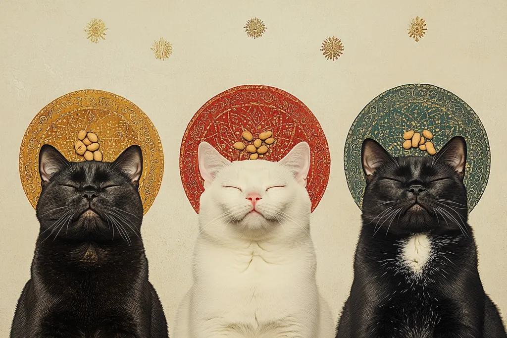 Three cats, one white and two black, sit serenely with their eyes closed.  Each cat is positioned beneath a stylized halo, depicted as a circular ornament with ornate detailing in gold, red, and teal. A small pile of light brown treats rests atop each cat's head, adding to the whimsical, almost religious, imagery. The background is a muted beige, with small, scattered decorative elements. The overall effect is one of peaceful contemplation and playful artistic composition.