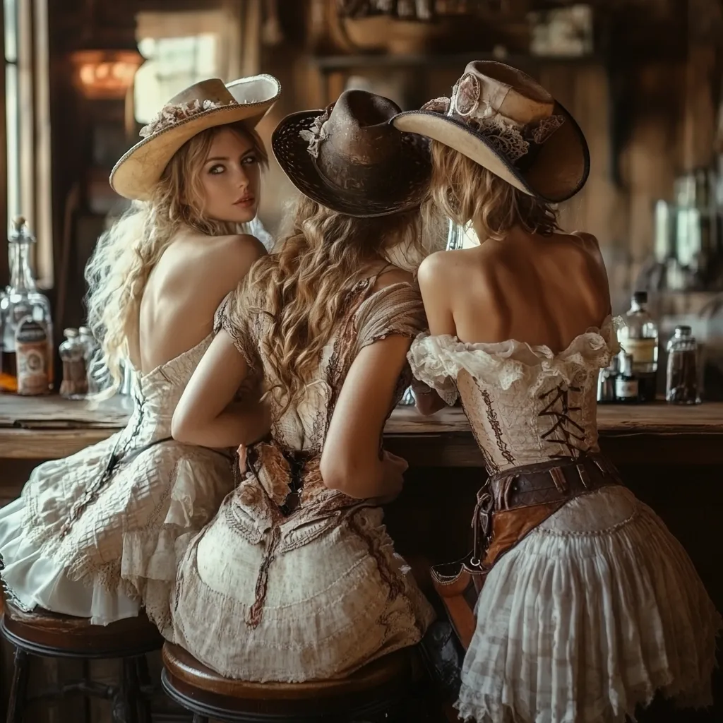 Three women in vintage-inspired Western attire sit at a saloon bar.  They wear cream-colored, lace-trimmed dresses and wide-brimmed hats.  Their backs are to the camera, but one woman glances over her shoulder. The setting is dimly lit, with a rustic wooden bar and bottles visible in the background, creating a nostalgic, Old West atmosphere.  The overall aesthetic is elegant and evocative of a bygone era.