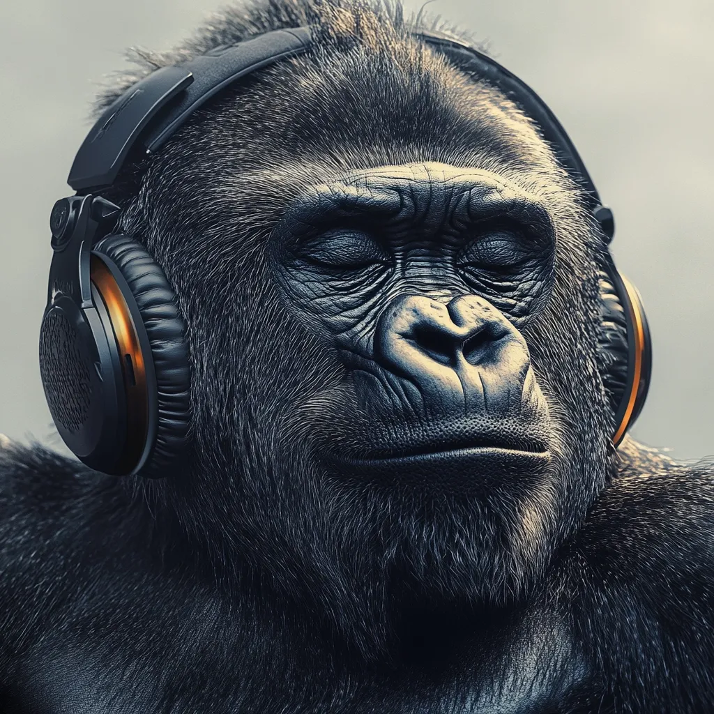 Here's a description of the image:

Close-up view of a gorilla's face, its eyes closed serenely. The gorilla is wearing large, over-ear headphones, predominantly black with subtle orange accents. The headphones cover a significant portion of its head. The gorilla's fur is dark and appears thick, its expression peaceful and almost contemplative. The background is blurred and out of focus, drawing attention to the gorilla's detailed features and the contrast between its dark fur and the headphones. The overall mood is calm and slightly humorous, due to the unexpected juxtaposition of the gorilla and the modern technology.