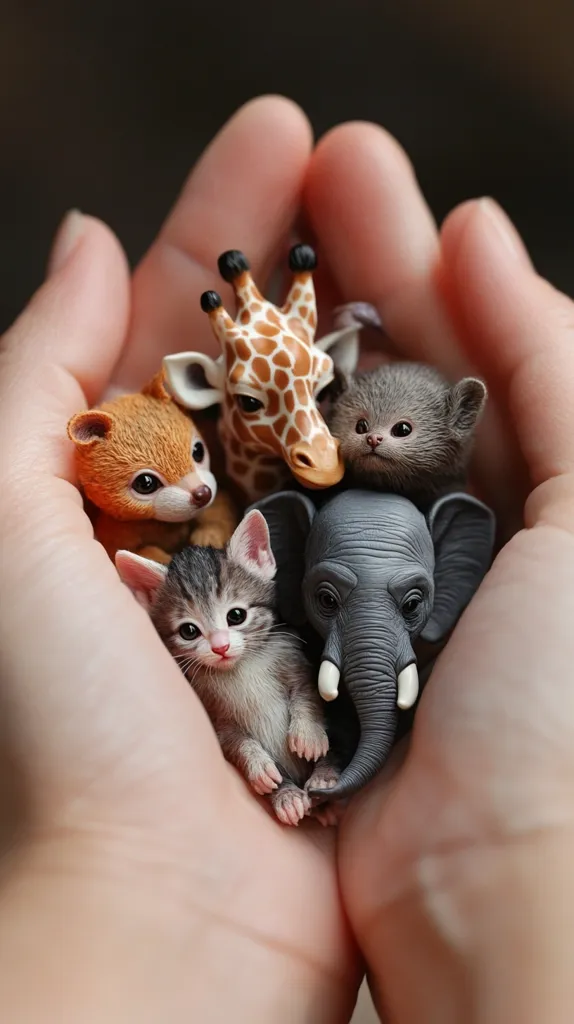 A pair of hands gently cradles a collection of miniature animal figurines.  A tiny giraffe, a small fox-like creature, a grey kitten, a baby cat, and a miniature elephant are nestled together.  The figurines are incredibly lifelike, showcasing intricate detail and realistic textures. The contrast between the soft skin of the hands and the detailed figurines creates a captivating image.