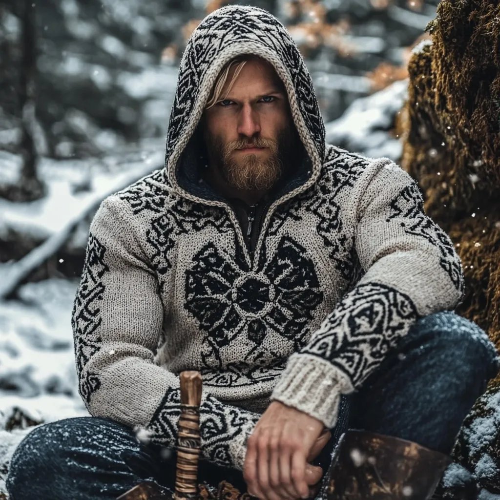A blonde, bearded man with intense eyes sits in a snowy woodland setting.  He's wearing a thick, cream-colored hooded sweater adorned with intricate dark Nordic-inspired patterns. The sweater's texture is prominent, suggesting warmth and comfort against the cold. He appears rugged and stoic, possibly a model or portraying a character reminiscent of a Viking or other historical figure. A wooden object, possibly part of a weapon, rests partially visible near him. The overall mood is one of quiet strength and resilience.