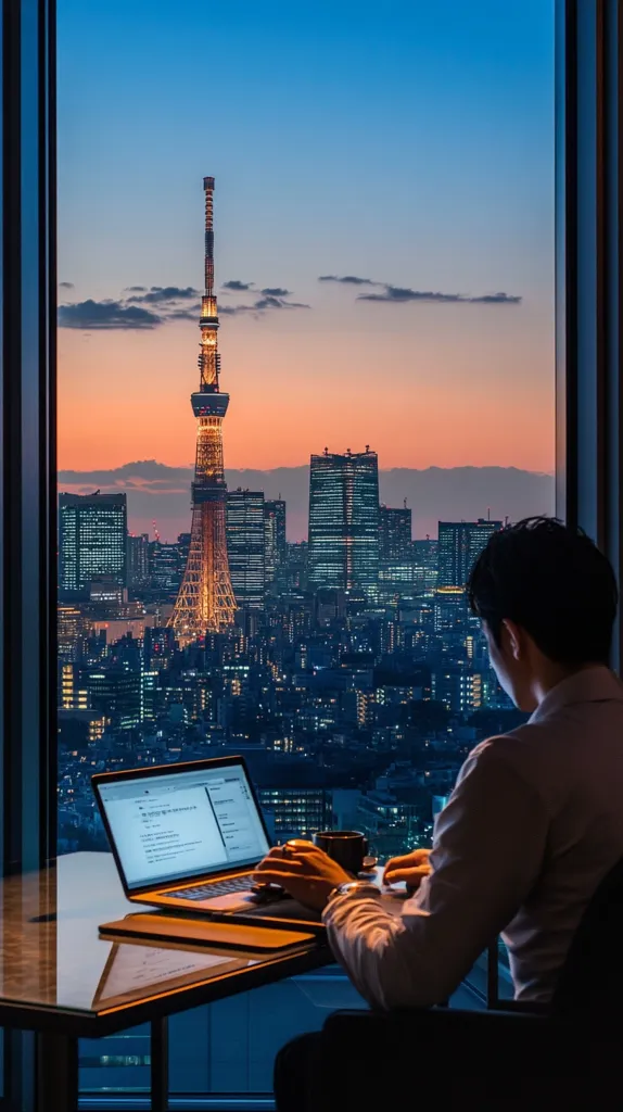 Here's a description of the image:

The image shows a person sitting at a desk in front of a large window overlooking a city at twilight.  Tokyo Tower is prominently featured in the cityscape, illuminated against the darkening sky. The individual is working on a laptop, a mug sits beside it. The scene evokes a sense of calm productivity against the backdrop of a vibrant, bustling metropolis. Warm sunset colors contrast beautifully with the cool, city lights. The overall feeling is one of sophisticated urban comfort and quiet contemplation.
