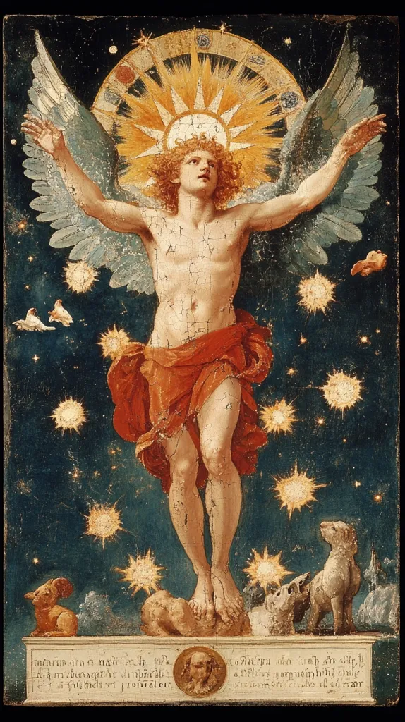 Here's a description of the image:

The painting depicts a celestial figure, possibly an angel or deity, with large, outstretched wings.  The figure is androgynous, nude from the waist up, except for an orange drape around the hips, and stands upon a rocky outcropping.  A radiant sun-like halo encircles their head, and a celestial sphere with planetary symbols is positioned above.  The background is a dark, star-studded night sky, with smaller luminous orbs surrounding the central figure.  Small, lamb-like creatures are at the base of the rock.  A small portrait is inscribed at the bottom with text, which appears to be in German. The overall style suggests a Renaissance or Mannerist influence.