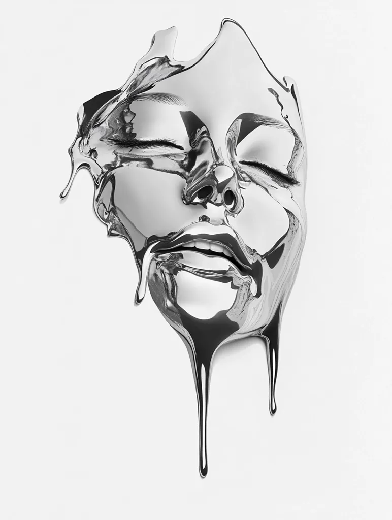 Here's a description of the image:

The image shows a striking, abstract depiction of a woman's face rendered in molten, chrome-like metal. The metallic substance flows and drips, creating a surreal and slightly unsettling effect.  The face is serene with eyes closed, suggesting peace or vulnerability. The reflective surface of the metal highlights the contours of the face, while the drips add a sense of fluidity and movement.  The background is plain white, emphasizing the metallic figure's stark contrast and three-dimensionality. The overall style is modern and artistic.
