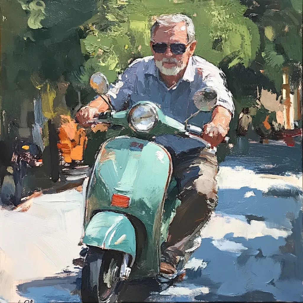 Here's a description of the image:

The painting is a vibrant depiction of an older man with a beard and sunglasses riding a mint-green Vespa scooter down a sun-drenched street.  The style is impressionistic, with visible brushstrokes and a focus on capturing light and shadow. The background is slightly blurred, suggesting movement, and shows leafy green trees and hints of other figures and buildings. The man's attire is casual, and his expression is serene. The overall mood is one of relaxed summer joy and a sense of carefree movement.
