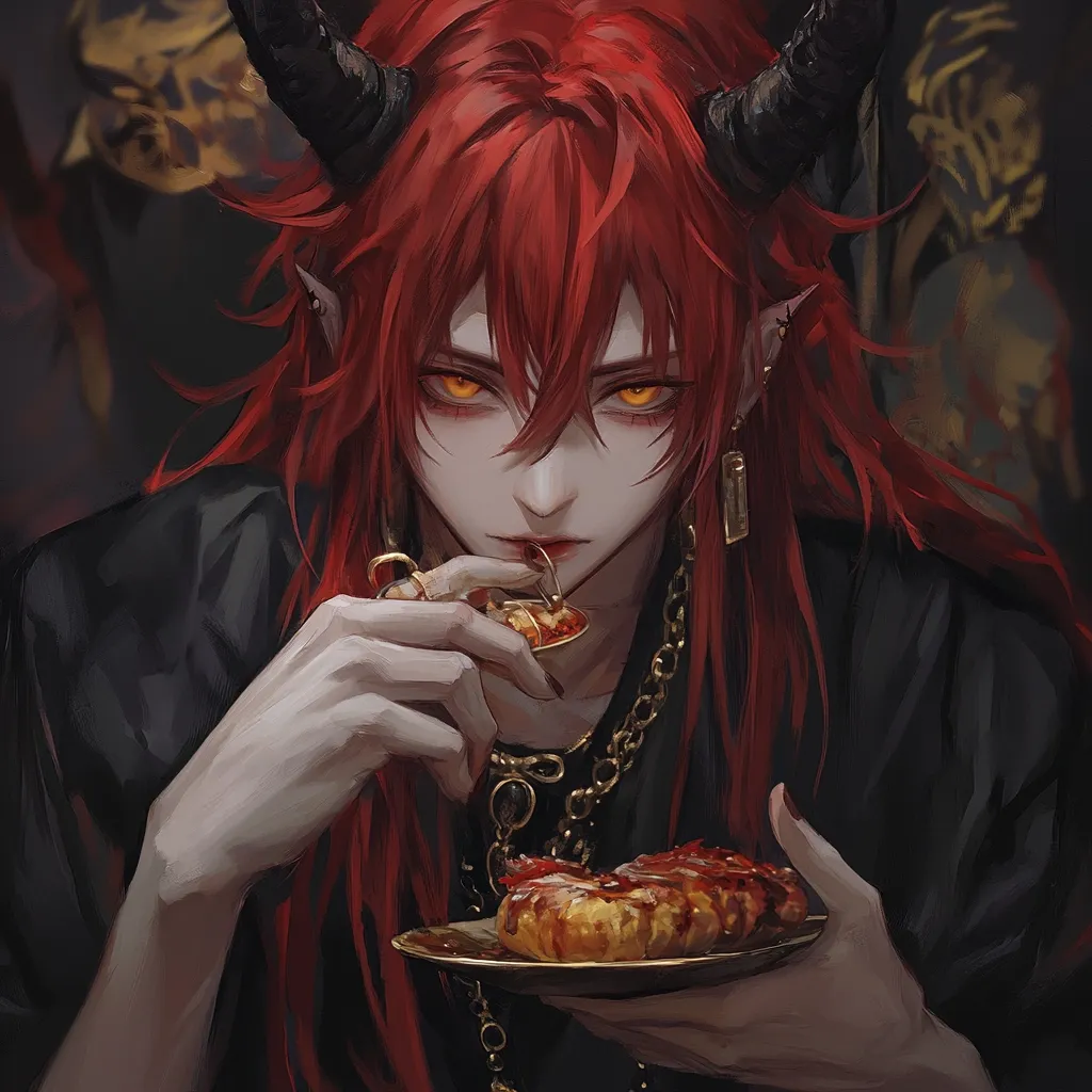 The image depicts a striking androgynous figure, possibly a demon or otherworldly being.  They possess long, vibrant red hair, dark horns, and pointed ears. Their pale skin contrasts sharply with their fiery locks.  The character is elegantly dressed in dark clothing and adorned with gold necklaces and rings. They are delicately holding a small dish of food, possibly a sweet or savory pastry, suggesting a moment of indulgence. The overall style is dark fantasy, with a focus on rich colors and detailed textures.