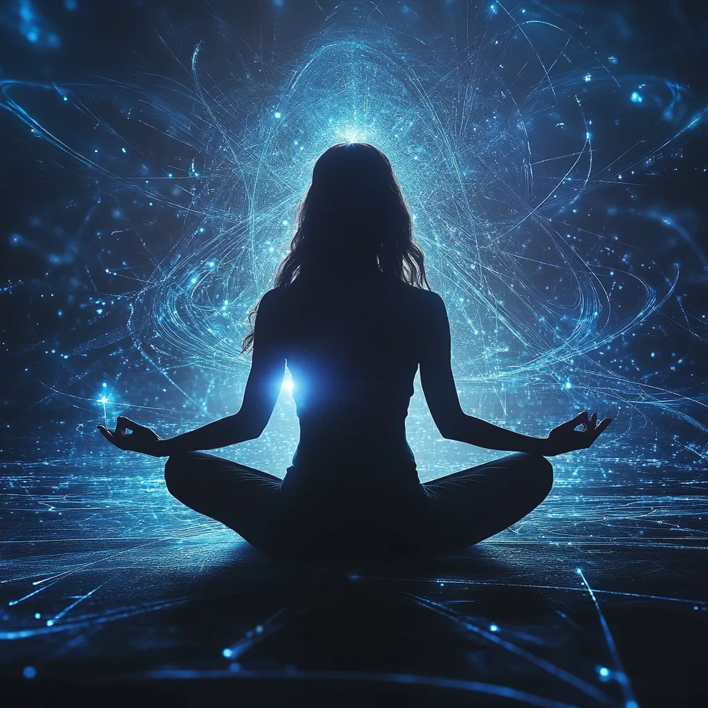 The image depicts a silhouetted woman in a lotus meditation pose.  She sits centrally within a swirling, ethereal display of blue energy and light, reminiscent of a cosmic or digital network.  The energy seems to emanate from her, connecting her to the surrounding abstract patterns. The overall mood is serene yet powerful, suggesting a connection between inner peace and universal energy.  The dark silhouette contrasts beautifully with the vibrant blue background, creating a visually striking and spiritually suggestive scene.