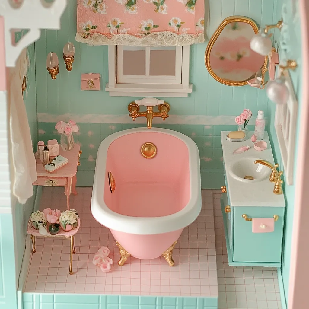 Here's a description of the image:

A miniature pastel-colored bathroom is meticulously crafted, showcasing a pink clawfoot bathtub, a mint-green vanity with a white sink, and gold-accented fixtures.  Roses and other floral accents adorn the scene. The walls are mint green, the floor is pale pink tile, and a sheer, white curtain drapes near the tub.  Small decorative details, like miniature toiletries and floral arrangements, add to the charming, whimsical aesthetic. The overall impression is one of delicate elegance and refined miniature craftsmanship.