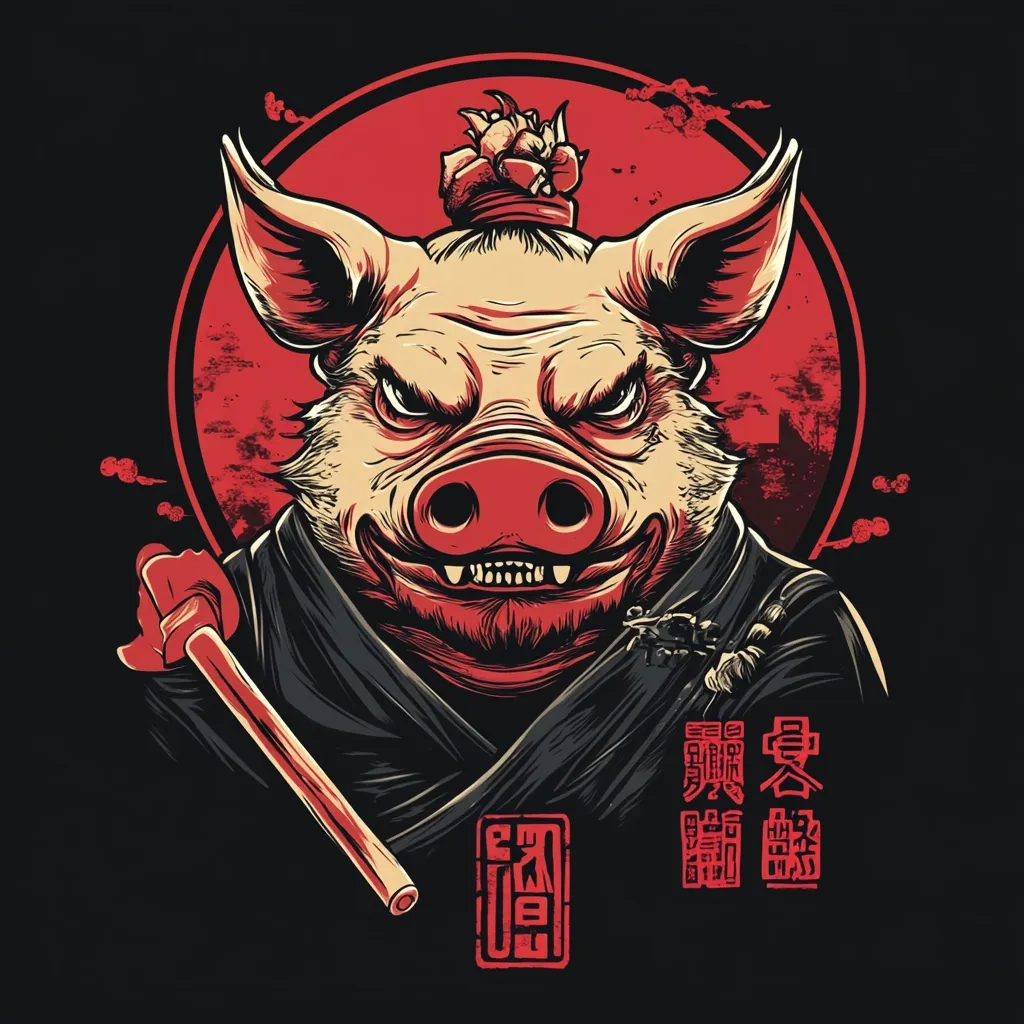 The image is a stylized illustration of a pig in a samurai outfit. The pig has an aggressive expression, bared teeth, and a topknot. It's depicted against a red circular background suggestive of a rising sun.  The pig holds a staff and wears a dark kimono.  Chinese characters are visible below, likely adding to the artistic theme. The overall style is a blend of Japanese and Chinese aesthetics, with a bold, graphic design aesthetic that's both menacing and captivating.