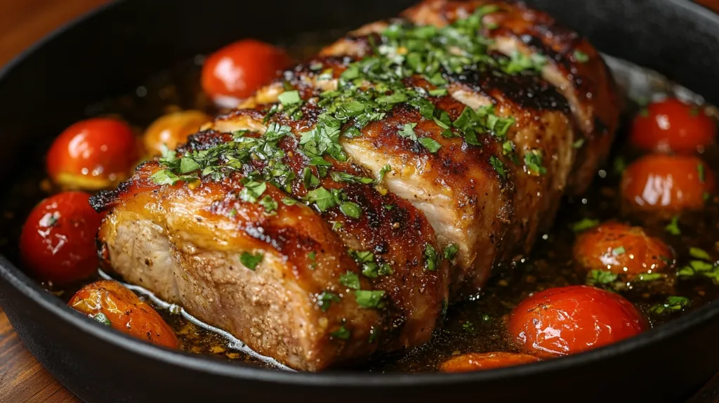 A close-up shot reveals a roasted pork loin, glistening with a rich brown glaze and sprinkled with fresh herbs.  The meat is sliced, showcasing its tender interior.  It rests in a dark skillet alongside roasted cherry tomatoes, their glossy skins indicating a flavorful balsamic reduction. The overall image evokes warmth and deliciousness, suggesting a hearty and sophisticated meal.