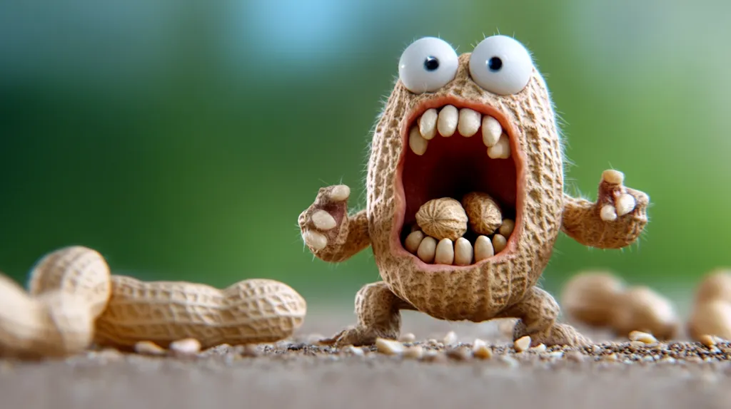 A whimsical, cartoonish peanut character dominates the foreground.  Its shell forms a body with exaggerated features: large, googly eyes, a wide-open mouth filled with smaller peanuts, and stubby arms.  The peanut creature appears to be in motion, possibly running, against a blurred green background.  Several other peanuts lie scattered on the ground around it, enhancing the playful, nutty theme. The overall impression is one of fun and slightly mischievous energy.