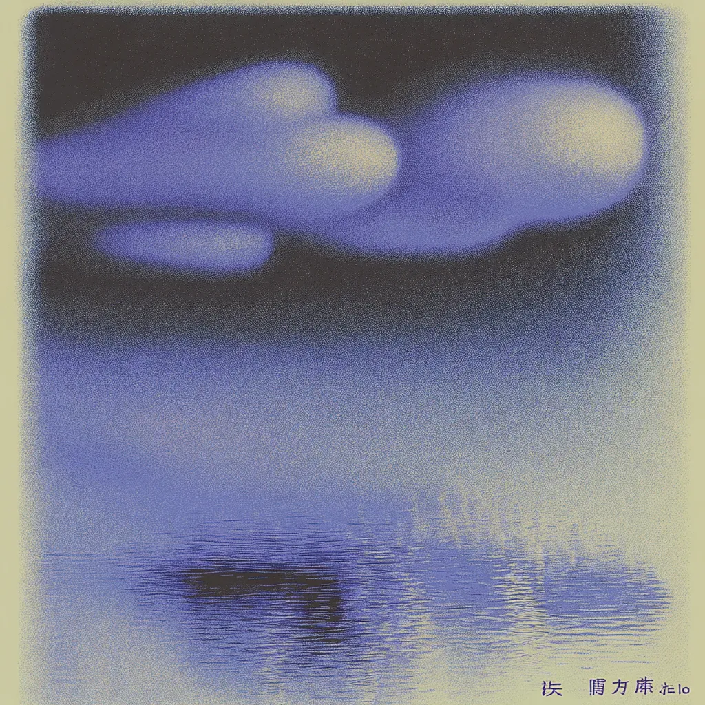 Here's a description of the image:

The artwork presents a serene, minimalist landscape.  A muted, blue-purple palette dominates, depicting a calm body of water reflecting a hazy sky.  A single, softly rendered cloud formation floats across the upper portion of the image. The water's surface is subtly textured, suggesting gentle ripples.  The overall style is reminiscent of a pointillist or stipple painting, giving the image a slightly grainy texture.  A small, dark shape, possibly an island or rock, rests near the water's center.  The bottom right corner includes a small text element in a foreign language. The mood is peaceful and contemplative.