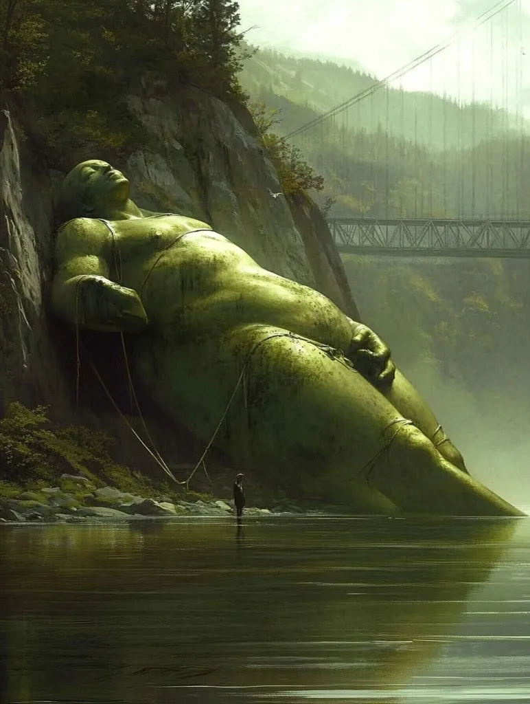 Here's a description of the image:

The artwork depicts a colossal, moss-covered statue of a reclining giant nestled against a rocky cliffside. The figure is bound with ropes, suggesting entrapment or immobility.  A small, solitary figure stands in the calm water at the giant’s feet, emphasizing the statue's immense scale.  A suspension bridge spans a valley in the background, adding to the surreal and mysterious atmosphere. The overall color palette is muted greens and browns, contributing to a sense of age and tranquility, yet tinged with a hint of unease. The scene is evocative of a forgotten myth or a hidden world.
