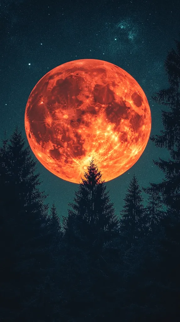 A large, fiery orange moon dominates the night sky, its intense glow illuminating a dark evergreen forest in the foreground.  The moon's surface is textured and detailed, appearing almost volcanic in its coloring.  Stars twinkle faintly in the deep blue-black expanse above, adding to the mystical, almost otherworldly atmosphere. The silhouetted trees stand tall and dark against the bright celestial body. The overall image is one of striking contrast and dramatic beauty.