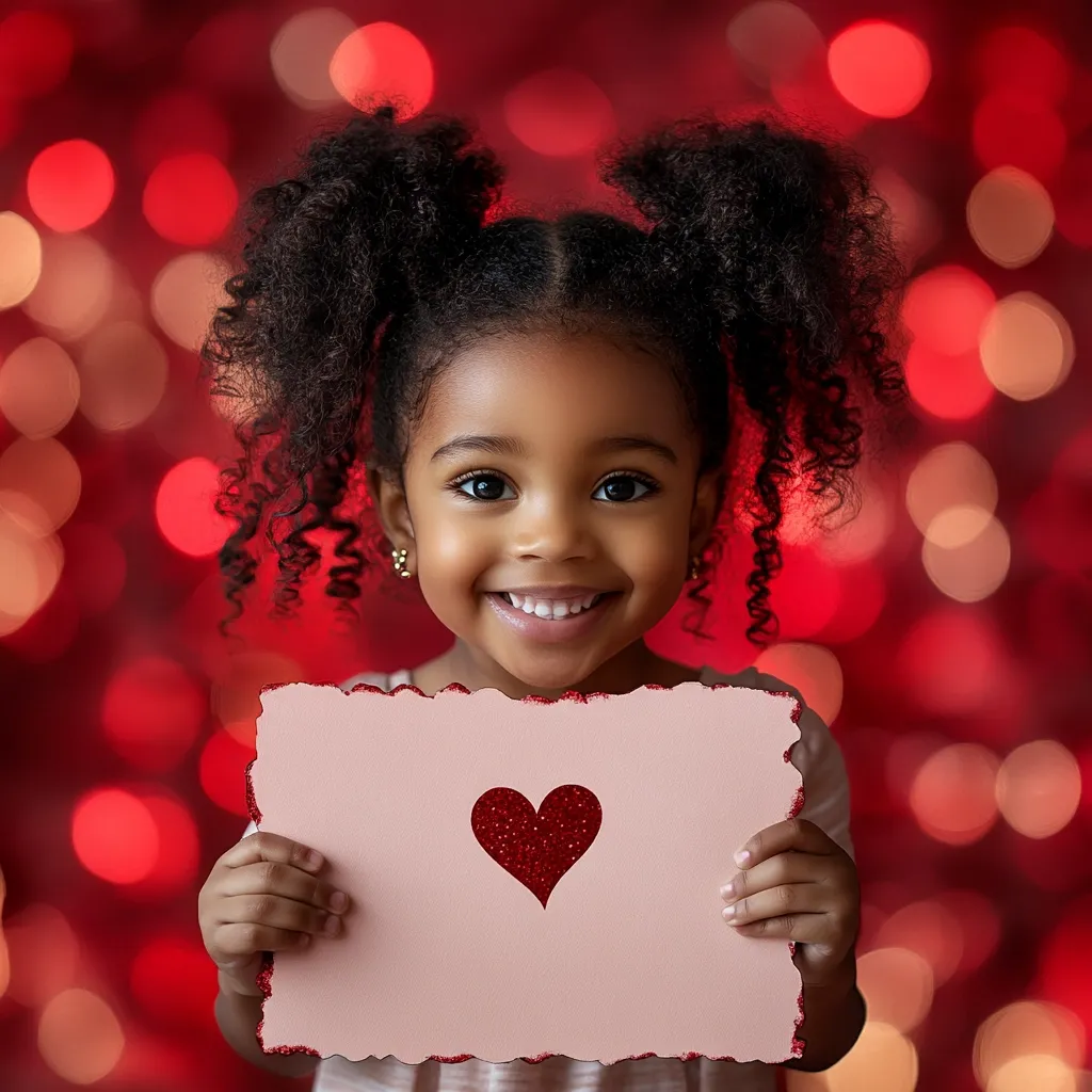 A young Black girl with curly hair in pigtails smiles broadly.  She holds a pale pink card featuring a sparkly red heart against a backdrop of red bokeh lights, creating a festive Valentine's Day feel.  Her joyful expression and the heart-shaped card convey a sense of love and happiness. The image is brightly lit and captures a charming, heartwarming moment.