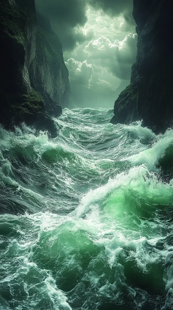 Here is a description of the image:

A dramatic seascape unfolds, dominated by turbulent, jade-green waves crashing against dark, moss-covered cliffs.  The water is intensely textured, showing frothy white crests and deep, shadowed troughs.  A stormy sky, filled with brooding gray and hints of lighter clouds, hangs overhead, mirroring the tempestuous sea below. The cliffs create a narrow passage through which the raging ocean flows, emphasizing the power of nature. The overall mood is one of wild, untamed beauty and potential danger.
