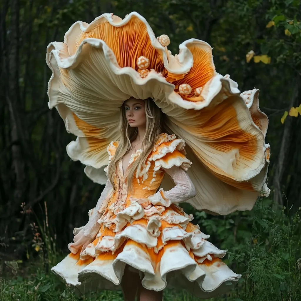 A young woman with long blonde hair models a whimsical, mushroom-themed ensemble.  The dress and enormous hat are intricately designed to resemble a large, orange and white mushroom, complete with detailed gills and textured cap. The model stands in a dark, wooded area, the natural setting contrasting with the vibrant, fantastical costume.  The overall effect is surreal and captivating, reminiscent of fairy tale imagery.