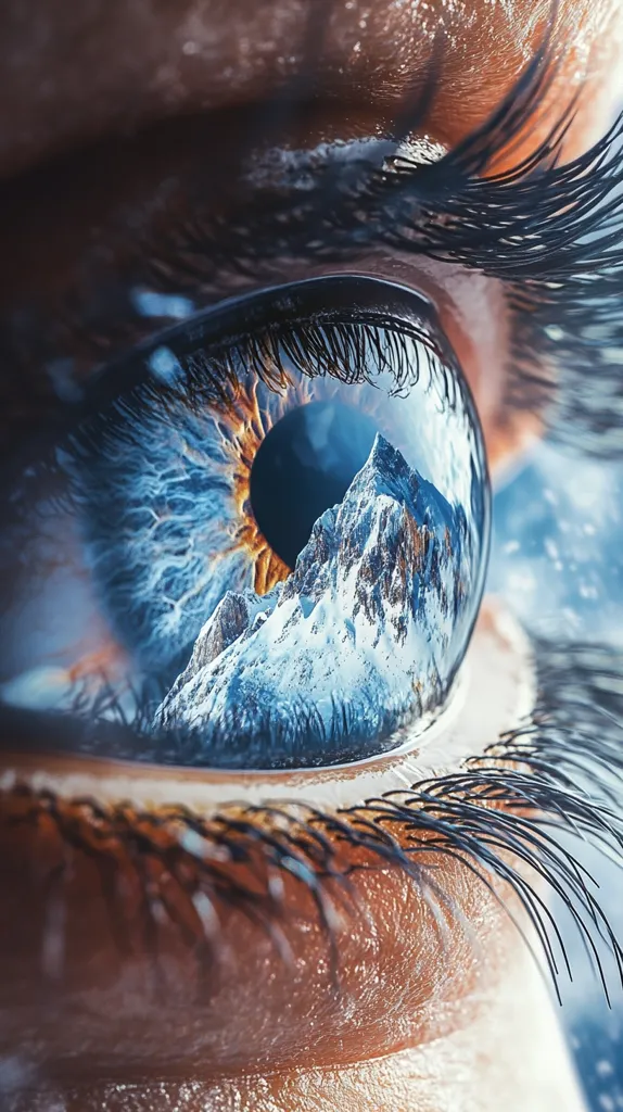 A close-up shot reveals a human eye, its iris reflecting a breathtaking, snow-capped mountain range.  The image is surreal, blending the eye's intricate details with the vibrant landscape. Long, dark eyelashes frame the eye, adding depth and contrast.  The skin around the eye appears slightly dewy, enhancing the overall visual texture. The juxtaposition of the intimate detail of the eye and the expansive wilderness reflected within creates a powerful, almost dreamlike effect.