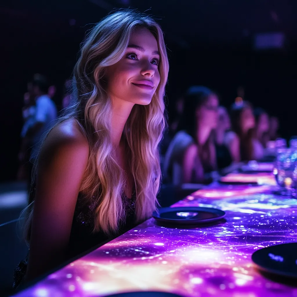 A young woman with long blonde hair sits at a table with a galaxy-themed projected surface. The table glows with purples, pinks, and oranges, creating a vibrant, futuristic atmosphere. She's dressed in a dark, sparkly top and gazes thoughtfully off to the side, smiling slightly. The background is blurred, showing other diners in a dimly lit setting. The overall mood is sophisticated and whimsical, suggestive of a high-end, technologically advanced dining experience.