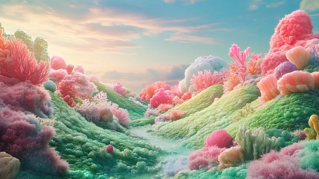 Here's a description of the image:

The image depicts a fantastical, dreamlike landscape resembling a coral reef, but with pastel colors and soft, fluffy textures.  Gentle, rolling hills of mint green and various shades of pink and coral are dotted with vibrant, stylized coral formations. A small stream meanders through the scene, leading the eye towards a pastel sky. The overall mood is serene and whimsical, suggesting a magical, underwater world.  The lighting is soft and diffused, enhancing the dreamy atmosphere.