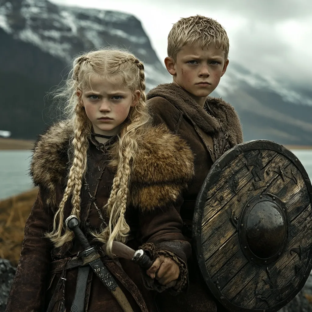 A young girl and boy, clad in medieval-style Viking attire, stand against a stark, mountainous landscape.  The girl, with long blonde braids and a fur-trimmed coat, holds a sword and knife.  The boy, also blond, stands behind her, partially obscuring a large, weathered wooden shield.  Their serious expressions and clothing suggest a scene of strength and resilience, possibly from a historical drama or fantasy film. The overall mood is somber yet powerful.