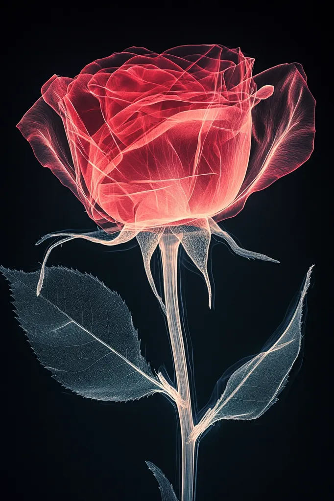 The image showcases a single rose rendered in a translucent, almost ethereal style.  The petals are a deep, glowing red, while the stem and leaves appear as delicate, light-grey tracings, suggesting a x-ray or similar effect. The background is a stark black, emphasizing the flower's delicate, almost ghostly beauty.  The overall impression is one of fragility and otherworldly elegance.