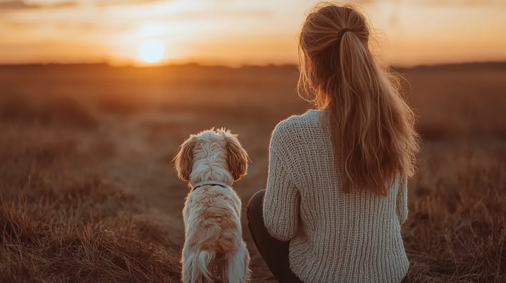 Here's a description of the image:

A woman with long blonde hair tied back in a ponytail sits in a field of tall grass at sunset.  Her back is to the camera, and she's wearing a light beige knit sweater. Beside her, a small, light brown and white dog sits facing the same direction, appearing calm and attentive. The setting sun casts a warm golden light across the scene, creating a peaceful and serene atmosphere. The overall feeling is one of quiet contemplation and companionship.