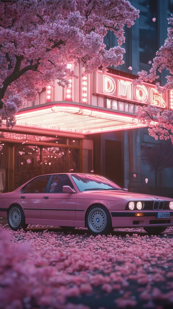 A pink BMW is parked in front of a pink-lit movie theater under a blossoming pink cherry tree.  Pink petals blanket the ground, creating a dreamy, pastel-colored scene.  The neon lights of the theater, "DMOG", glow softly, adding to the whimsical atmosphere. The image suggests a calm, romantic, and slightly nostalgic mood.