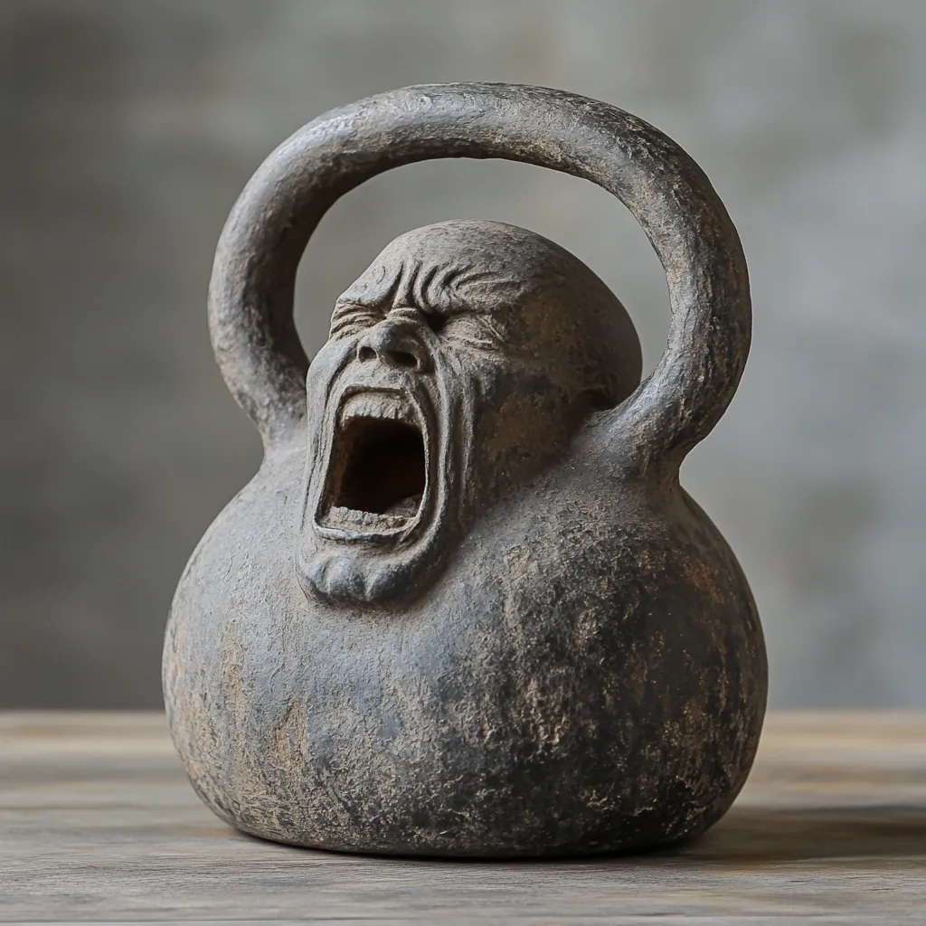 Here's a description of the image:

The image shows a dark gray, ceramic kettlebell sculpture.  The kettlebell is uniquely designed with a grotesque, sculpted face that appears to be screaming. The face is deeply etched, showing intense detail in the furrowed brow, wide-open mouth, and strained expression. The texture of the sculpture is rough and appears aged, possibly mimicking the look of weathered stone or clay. It sits on a rustic wooden surface against a blurred gray background, drawing focus to the dramatic piece. The overall effect is one of raw emotion and artistic expression.