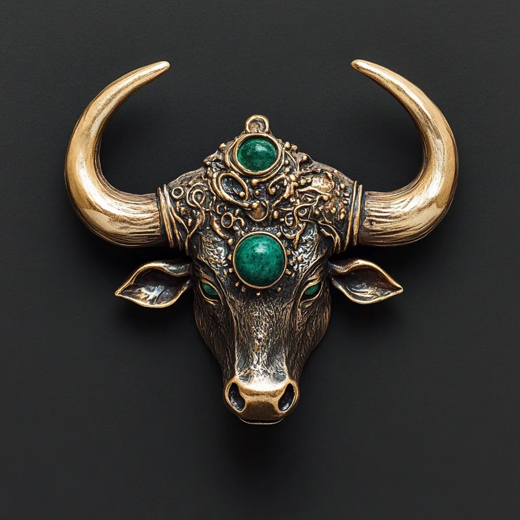 Here's a description of the image:

The photograph showcases an intricately crafted bronze bull's head pendant.  The bull is depicted in a realistic style, with detailed features and expressive eyes. Its large, curved horns are a prominent feature.  Three vibrant green gemstones, likely malachite, are inlaid into the bronze; one centrally located on the forehead, and two smaller ones positioned above.  Ornate, swirling bronze details surround the gemstones, adding to the piece's rich aesthetic. The pendant is set against a plain dark gray or black background, emphasizing the bronze and gemstone colors.  The overall impression is one of luxury and craftsmanship.
