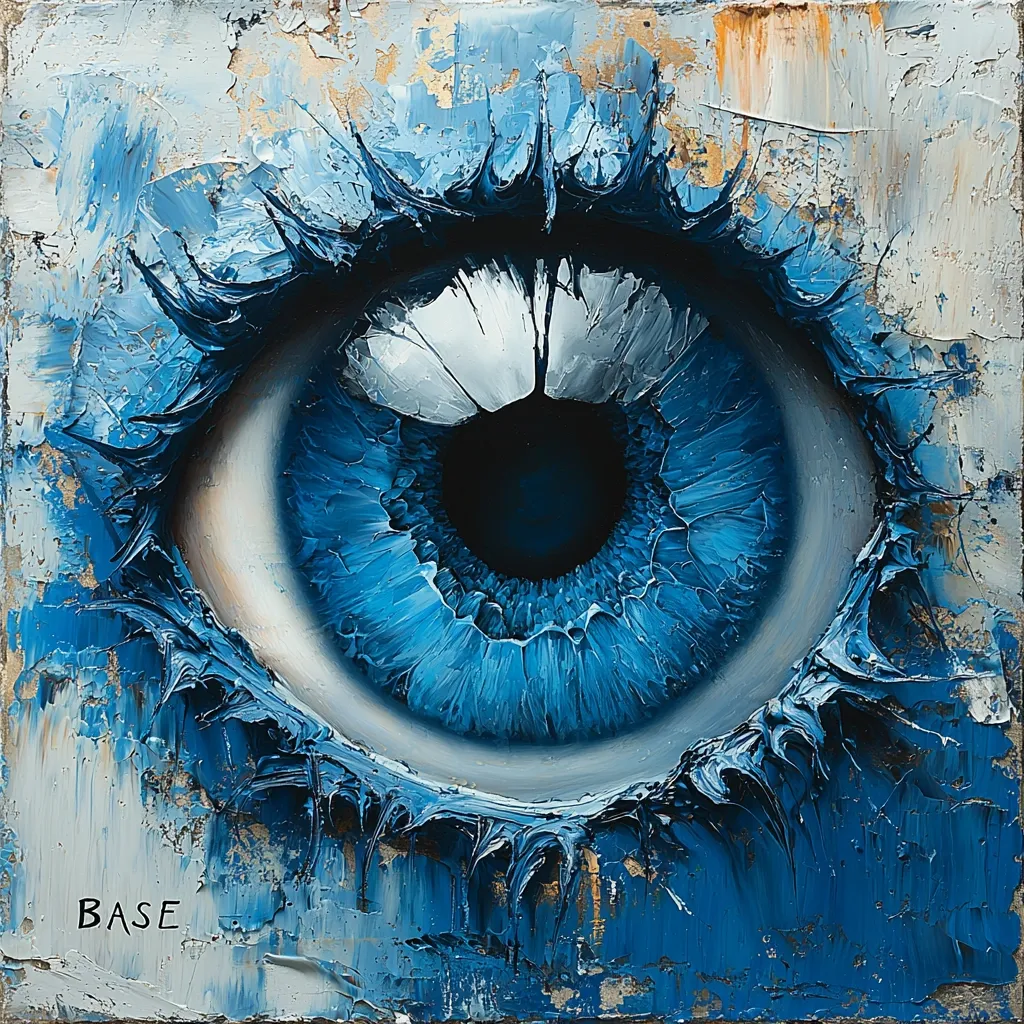 The artwork is a close-up, highly textured oil painting of a single, expressive blue eye.  The artist uses impasto techniques, creating thick, visible brushstrokes that give the eye and surrounding area a three-dimensional quality.  The blue tones range from deep cobalt to lighter shades, with touches of white highlighting the iris.  The style is bold and dramatic, emphasizing the eye's intense gaze against a textured, roughly painted background.  The word "BASE" is subtly visible in the bottom left corner.