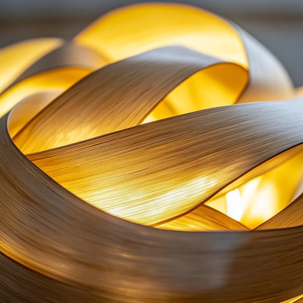 Close-up view of a modern, illuminated lampshade.  The shade is crafted from thin, interwoven strips of light-colored wood, creating a flowing, organic design.  The warm light emanating from within the lamp highlights the texture and grain of the wood, giving it a luminous, almost ethereal quality. The interwoven layers create a sense of depth and complexity, showcasing the craftsmanship. The overall aesthetic is minimalist and elegant.