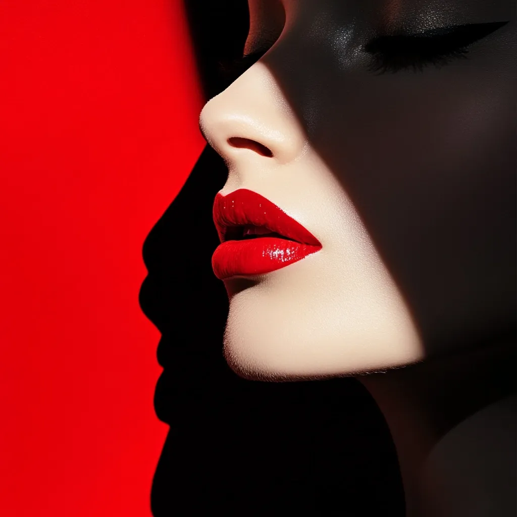Here is a description of the image:

Close-up profile view of a woman's face, partially obscured by shadow.  Her skin is fair, and her lips are painted a vibrant, glossy red.  Her eyes are closed, and her expression is serene. The background is a stark red, contrasting sharply with the shadowed areas of her face. A strong light source creates dramatic highlights and shadows, emphasizing the curves of her face and the intensity of her lip color. The overall aesthetic is bold, glamorous, and somewhat mysterious.