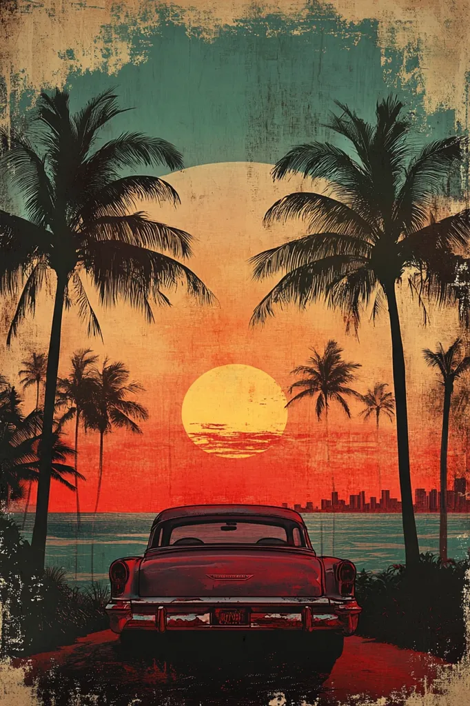 A vintage-style image depicts a classic car parked on a beach at sunset.  Tall palm trees flank either side of the road, their silhouettes sharp against a vibrant orange and teal sky.  A large, setting sun dominates the horizon, casting a warm glow over the scene.  A distant cityscape is faintly visible, adding depth to the tranquil beach setting. The overall aesthetic is reminiscent of a retro travel poster or postcard, with a slightly distressed texture adding to its nostalgic charm.