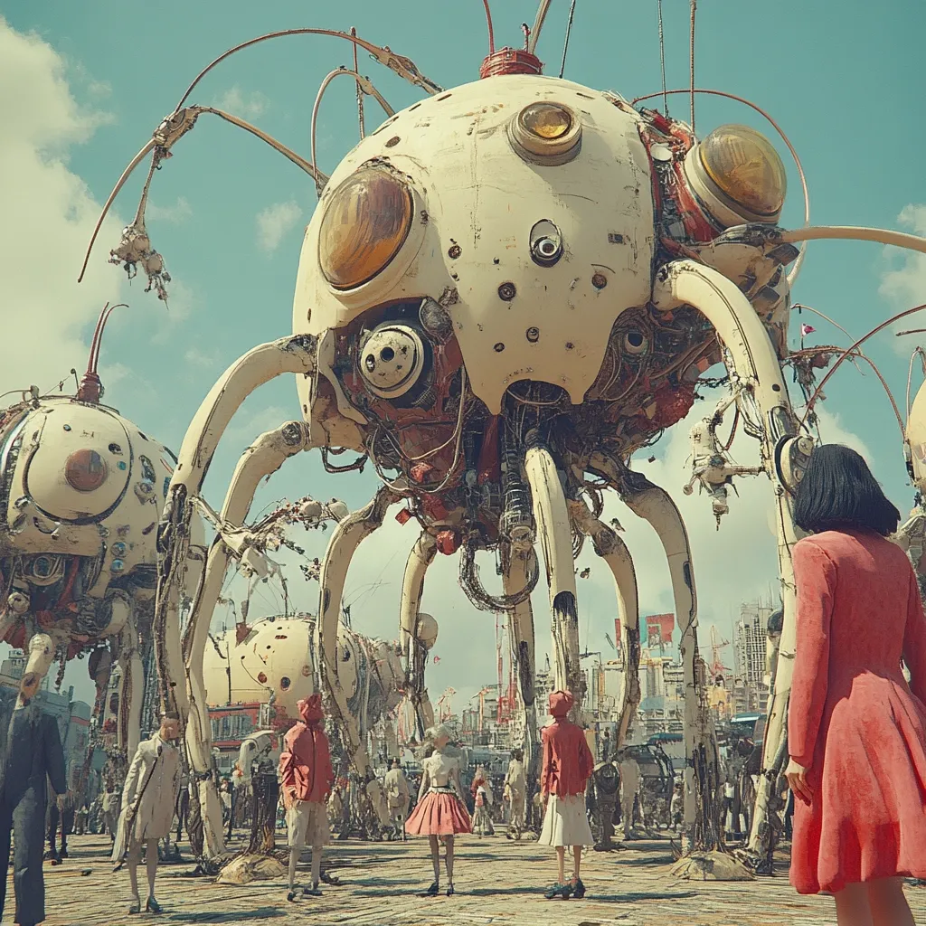 The artwork depicts a futuristic city square dominated by colossal, spindly-legged robots resembling oversized insects.  Their off-white bodies are intricately detailed with exposed wiring and mechanical parts, suggesting a blend of retro and advanced technology.  People in period clothing, mostly in muted tones, stand dwarfed by the machines, appearing both curious and slightly apprehensive. The sky is a clear, light blue, creating a stark contrast against the rusty-toned robots and city buildings in the background.  The overall scene blends elements of steampunk and sci-fi, creating a surreal and thought-provoking atmosphere.